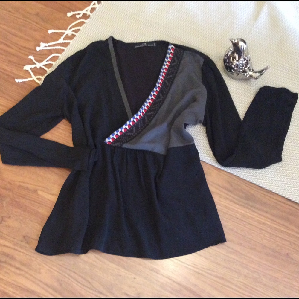 Zara black top with sweater knit trim